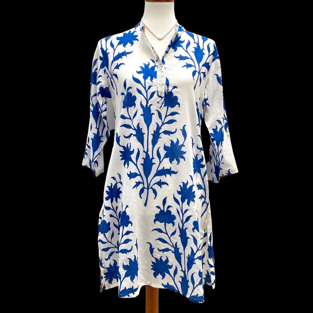 Rare Roberta Roller Rabbit Tunic Swim Cover up Kurta Blue White SM Floral